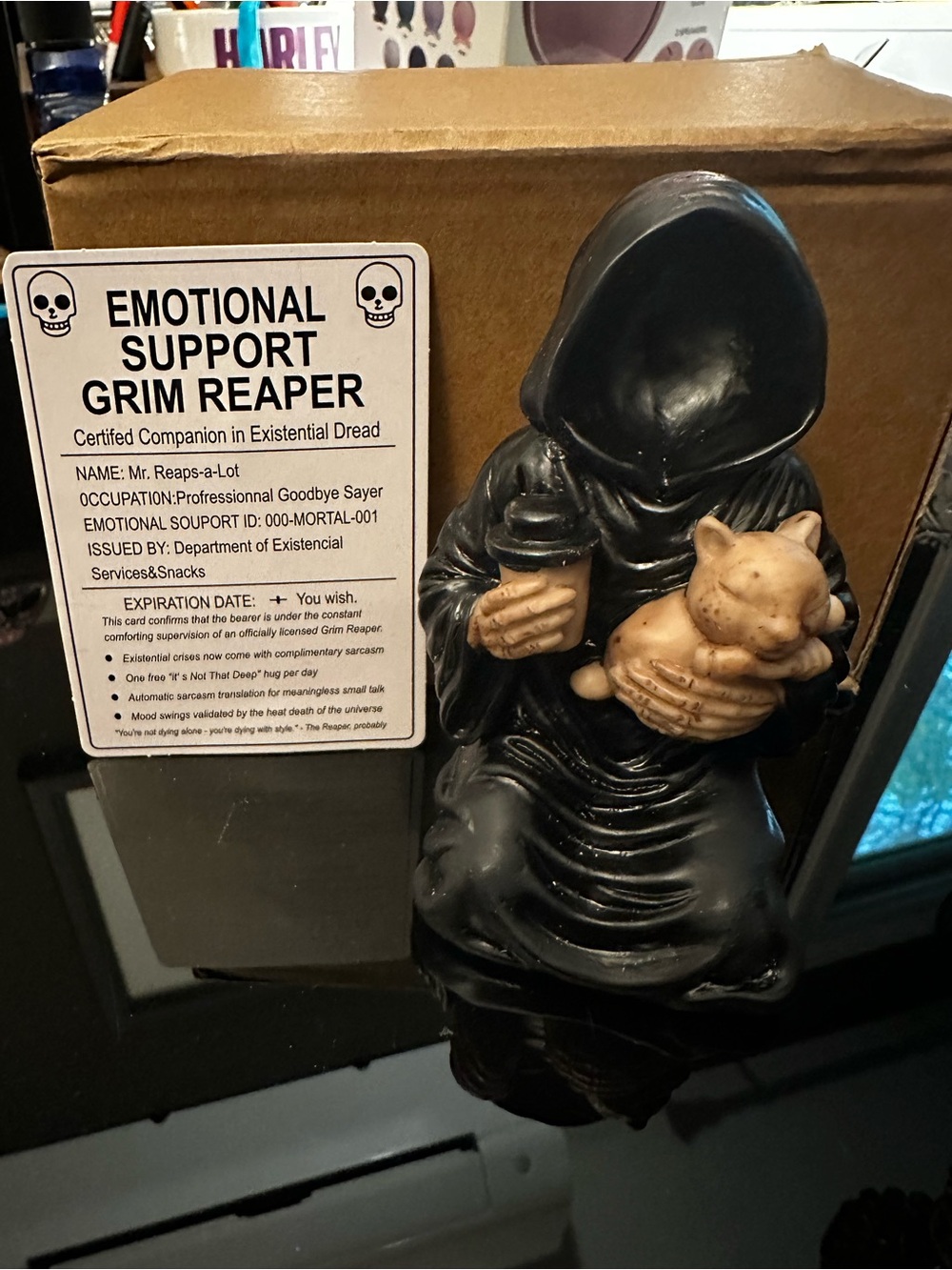 Grim Reaper Emotional Support Figurine in Black and Tan - Picture 4 of 8